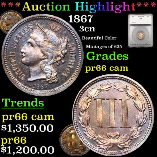 Proof ***Auction Highlight*** 1867 Three Cent Copper Nickel 3cn Graded pr66 cam By SEGS (fc)