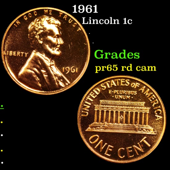 Proof 1961 Lincoln Cent 1c Grades Gem Proof Red Cameo