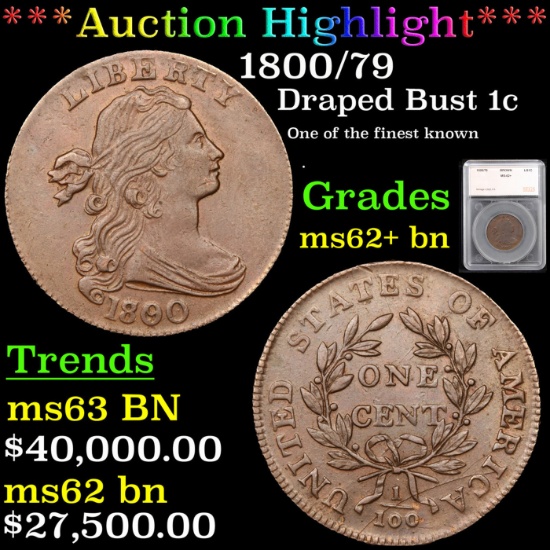***Auction Highlight*** 1800/79 Draped Bust Large Cent 1c Graded ms62+ bn By SEGS (fc)