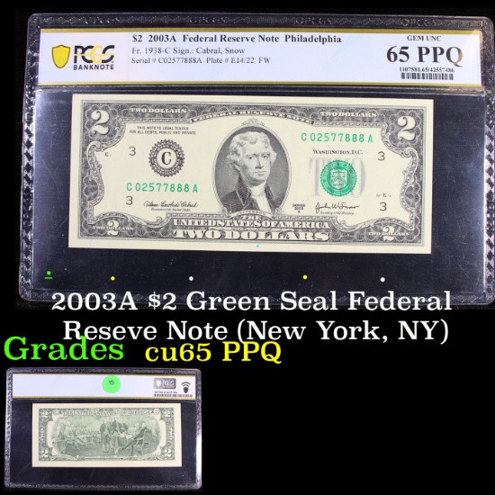 PCGS 2003A $2 Green Seal Federal Reseve Note (New York, NY) Graded cu65 PPQ By PCGS