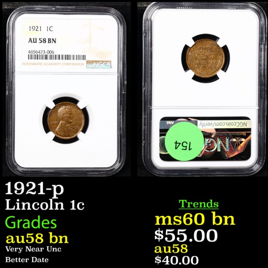 NGC 1921-p Lincoln Cent 1c Graded au58 bn BY NGC