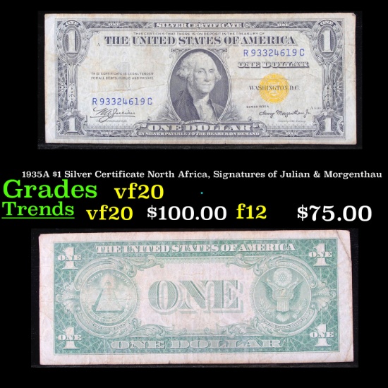 1935A $1 Silver Certificate North Africa, Signatures of Julian & Morgenthau Grades vf, very fine