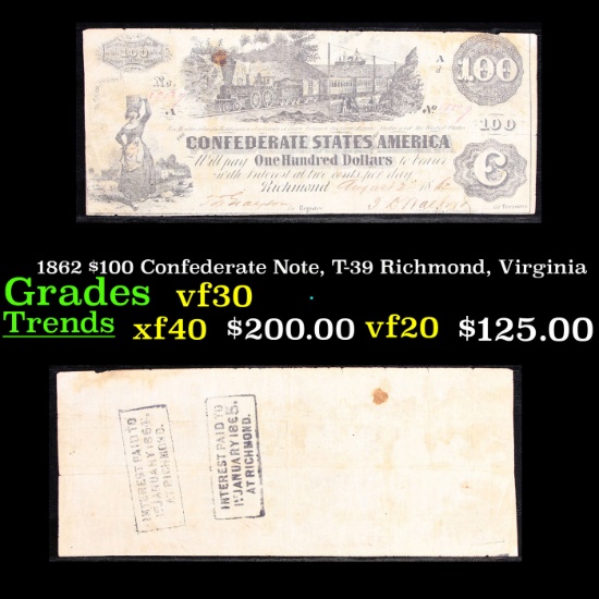 1862 $100 Confederate Note, T-39 Richmond, Virginia Grades vf++