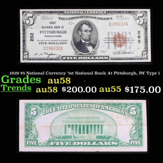 1929 $5 National Currency '1st National Bank At Pittsburgh, PA' Type 1 Grades Choice AU/BU Slider