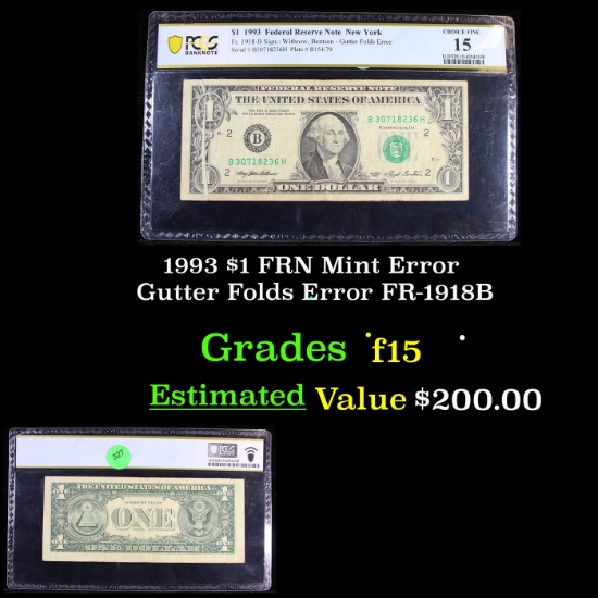 PCGS 1993 $1 FRN Mint Error Gutter Folds Error FR-1918B Graded f15 By PCGS