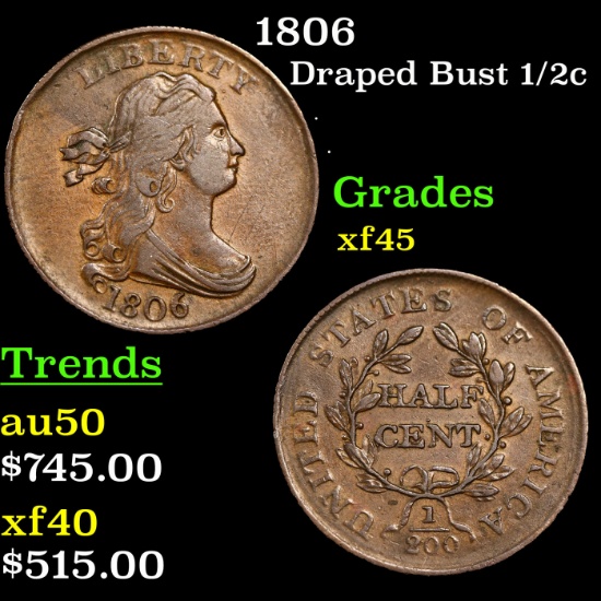 1806 Draped Bust Half Cent 1/2c Grades xf+