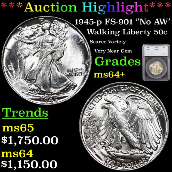 ***Auction Highlight*** 1945-p Walking Liberty Half Dollar FS-901 ''No AW' 50c Graded ms64+ By SEGS