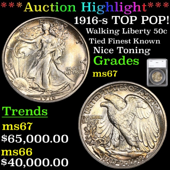 ***Auction Highlight*** 1916-s Walking Liberty Half Dollar TOP POP! 50c Graded ms67 By SEGS (fc)