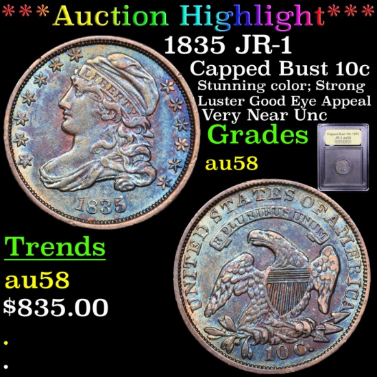 ***Auction Highlight*** 1835 Capped Bust Dime JR-1 10c Graded Choice AU/BU Slider By USCG (fc)