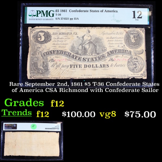 Rare September 2nd, 1861 $5 T-36 Confederate States of America CSA Richmond with Confederate Sailor