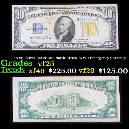 1934A $10 Silver Certificate North Africa  WWII Emergency Currency Grades vf+