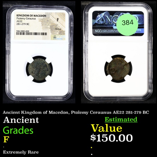 NGC Ancient Kingdom of Macedon, Ptolemy Ceraunus AE22 281-279 BC Graded F BY NGC