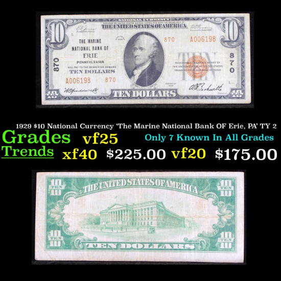 1929 $10 National Currency 'The Marine National Bank OF Erie, PA' TY 2 Grades vf+