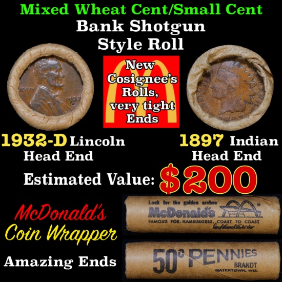 Mixed small cents 1c orig shotgun roll Brandt McDonalds, 1932-dWheat Cent, 1897 Indian Cent other