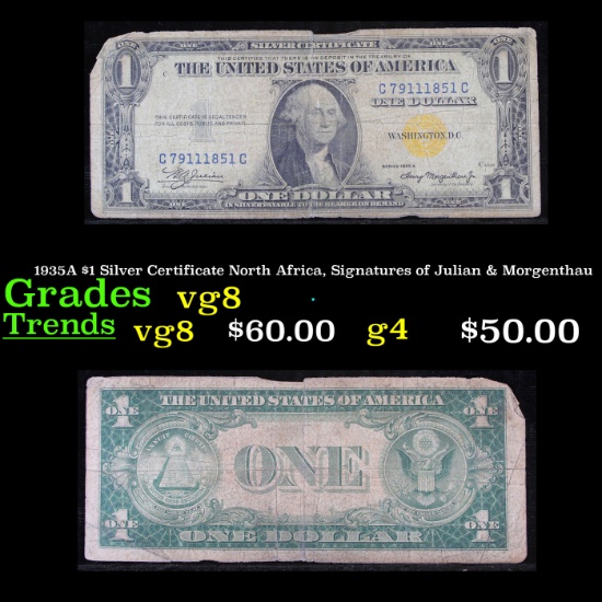 1935A $1 Silver Certificate North Africa, Signatures of Julian & Morgenthau Grades vg, very good