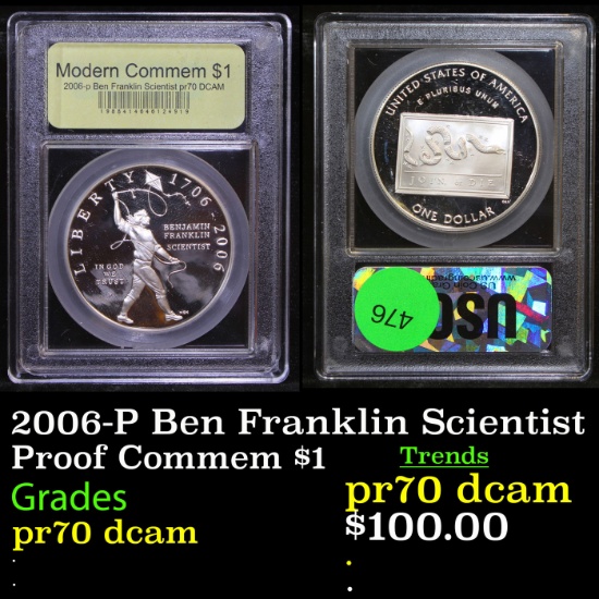 Proof 2006-P Ben Franklin Scientist Modern Commem Dollar $1 Graded GEM++ Proof Deep Cameo By USCG