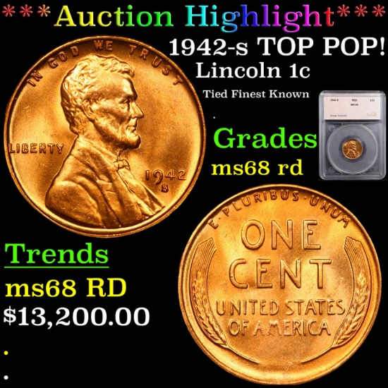 ***Auction Highlight*** 1942-s Lincoln Cent TOP POP! 1c Graded ms68 rd By SEGS (fc)