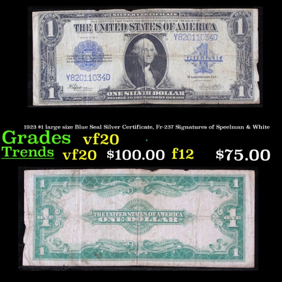 1923 $1 large size Blue Seal Silver Certificate, Fr-237 Signatures of Speelman & White Grades vf, ve