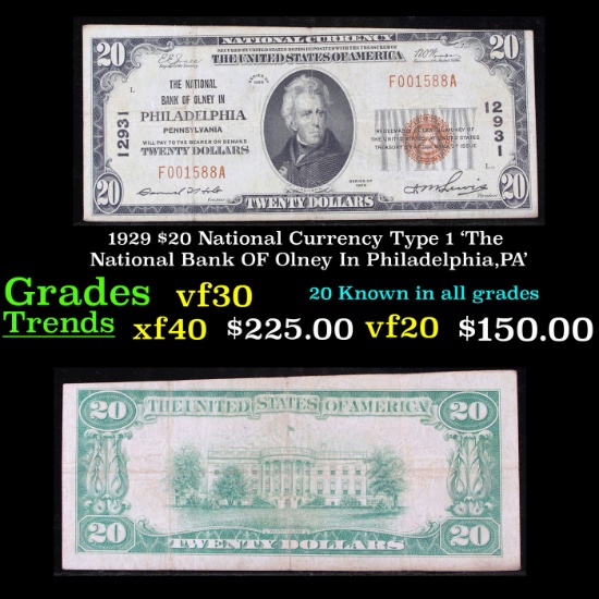 1929 $20 National Currency Type 1 'The National Bank OF Olney In Philadelphia,PA' Grades vf++