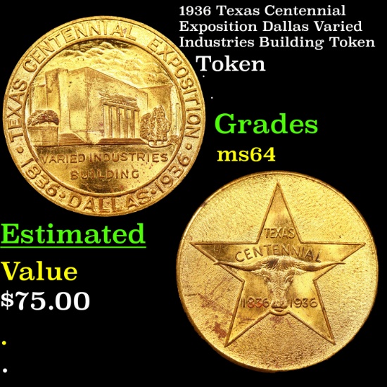 1936 Texas Centennial Exposition Dallas Varied Industries Building Token Grades Choice Unc
