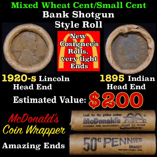 Mixed small cents 1c orig shotgun roll Brandt McDonalds, 1920-s Wheat Cent, 1895 Indian Cent othe