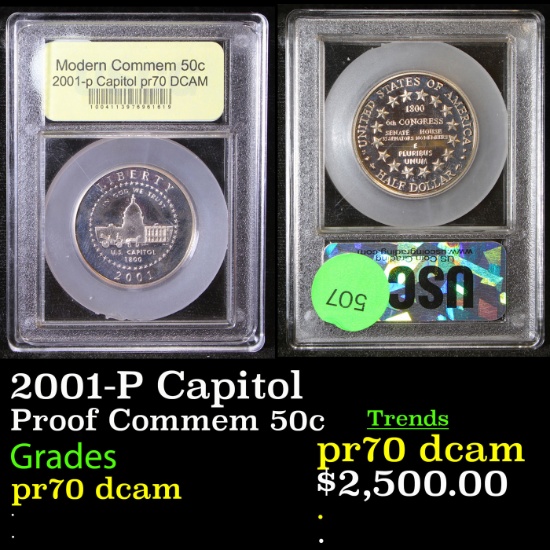Proof 2001-P Capitol Modern Commem Half Dollar 50c Graded GEM++ Proof Deep Cameo By USCG