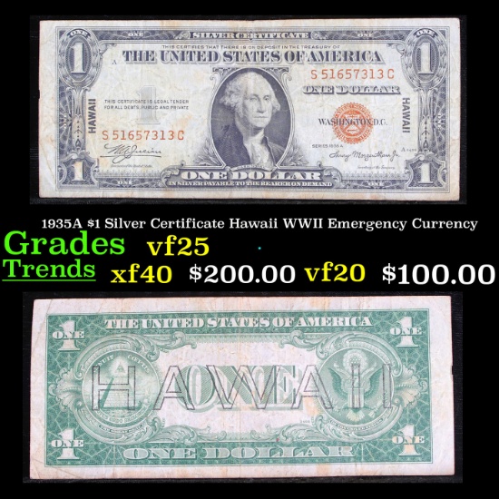 1935A $1 Silver Certificate Hawaii WWII Emergency Currency Grades vf+