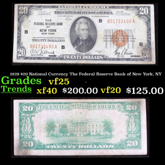 1929 $20 National Currency The Federal Reserve Bank of New York, NY Grades vf+