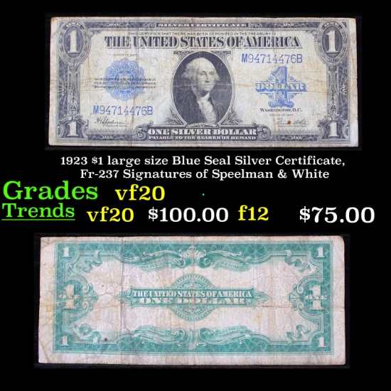 1923 $1 large size Blue Seal Silver Certificate, Fr-237 Signatures of Speelman & White Grades vf, ve