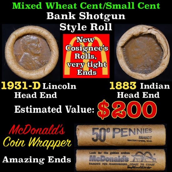 Mixed small cents 1c orig shotgun roll Brandt McDonalds, 1931-d Wheat Cent, 1883 Indian Cent other