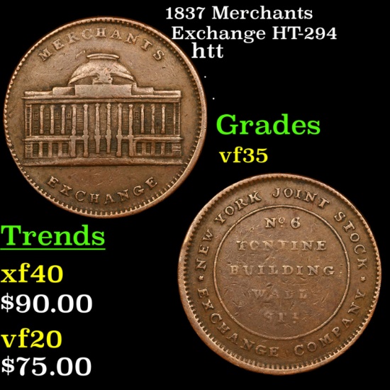 1837 Merchants Exchange Hard Times Token HT-294 1c Grades vf++