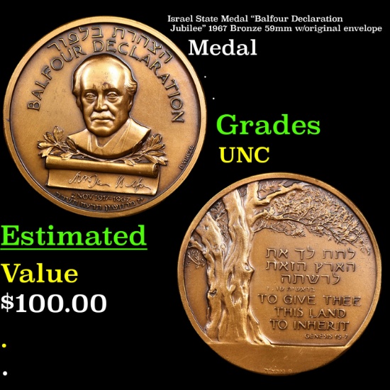 Israel State Medal "Balfour Declaration Jubilee" 1967 Bronze 59mm w/original envelope Grades Brillia