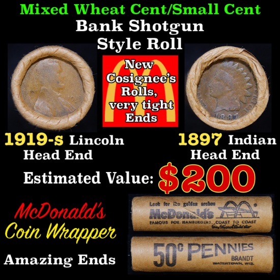 Mixed small cents 1c orig shotgun roll Bandt McDonalds, 1919-s Wheat Cent, 1897 Indian Cent other en