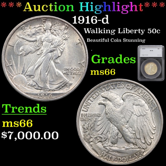 ***Auction Highlight*** 1916-d Walking Liberty Half Dollar 50c Graded ms66 By SEGS (fc)