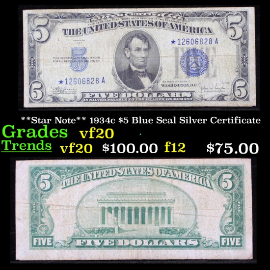 **Star Note** 1934c $5 Blue Seal Silver Certificate Grades vf, very fine