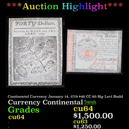 ***Auction Highlight*** Continental Currency January 14, 1779 $40 CC-95 Sig Levi Budd Grades Choice