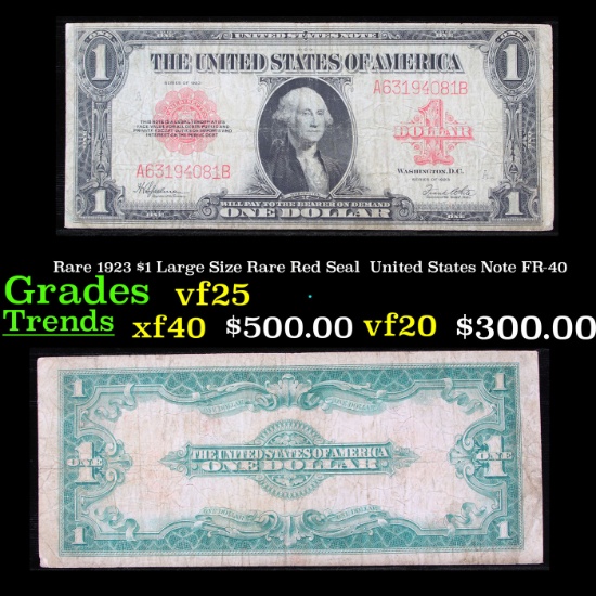 Rare 1923 $1 Large Size Rare Red Seal  United States Note FR-40 Grades vf+