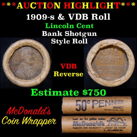 Lincoln Wheat cent 1c Orig Brandt McDonalds roll, 1909-s end, VDB other end
