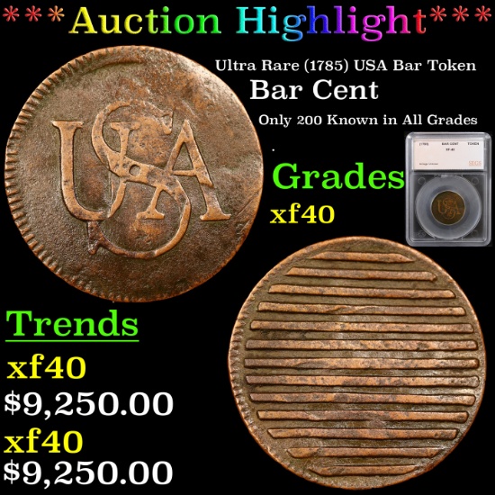 ***Auction Highlight*** Ultra Rare (1785) USA Bar Token Graded xf40 By SEGS (fc)