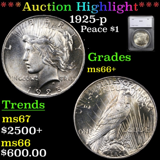***Auction Highlight*** 1925-p Peace Dollar $1 Graded ms66+ By SEGS (fc)