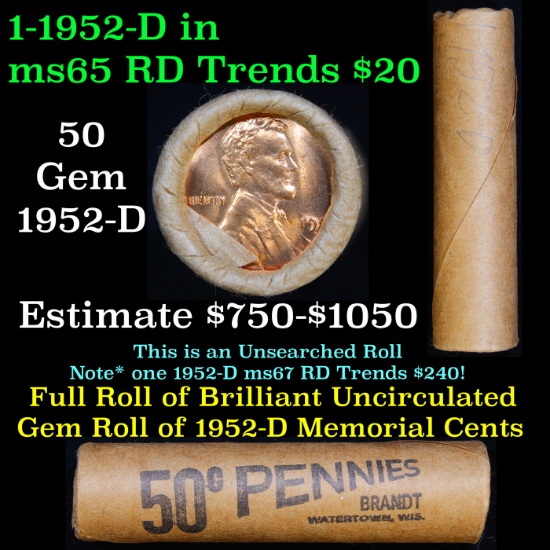Shotgun Lincoln 1c roll, 1952-d 50 pcs Brandt Wrapper