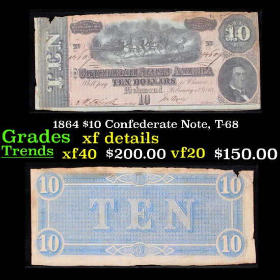 1864 $10 Confederate Note, T-68 Grades xf details