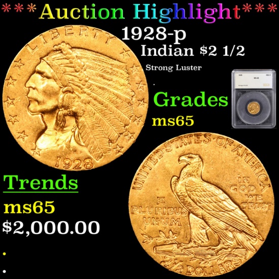***Auction Highlight*** 1928-p Gold Indian Quarter Eagle $2 1/2 Graded ms65 By SEGS (fc)