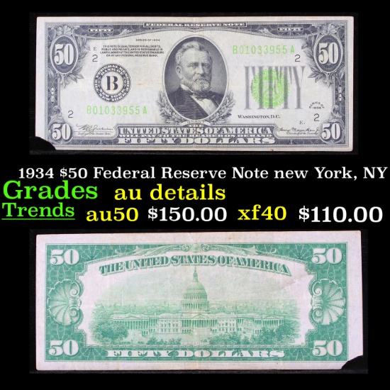1934 $50 Federal Reserve Note new York, NY Grades AU Details