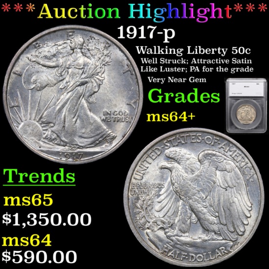 ***Auction Highlight*** 1917-p Walking Liberty Half Dollar 50c Graded ms64+ By SEGS (fc)