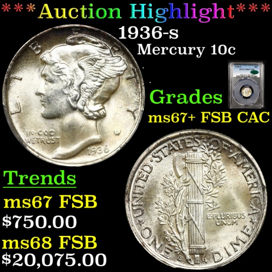 ***Auction Highlight*** PCGS 1936-s Mercury Dime 10c Graded ms67+ FSB By PCGS (fc)
