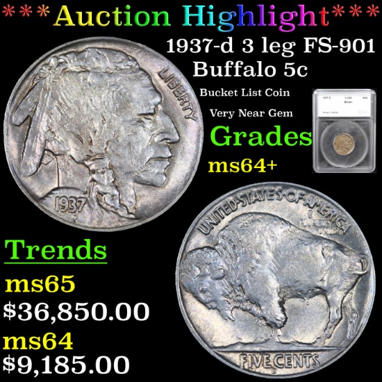 ***Auction Highlight***1937-d 3 leg Buffalo Nickel FS-901 5c Graded ms64+ By SEGS