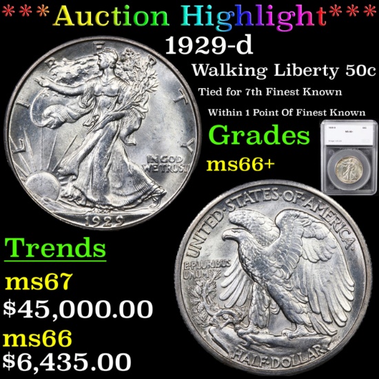 ***Auction Highlight*** 1929-d Walking Liberty Half Dollar 50c Graded ms66+ By SEGS (fc)