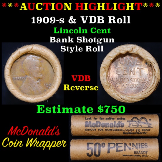 Lincoln Wheat cent 1c Orig Brandt McDonalds roll, 1909-s end, VDB other end