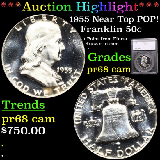 Proof 1955 Franklin Half Dollar Near Top POP! 50c Graded pr68 cam By SEGS